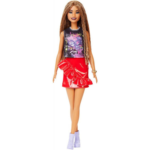 Mattel Barbie Fashionistas Girl Power T-Shirt Κόκκινη Δερμάτινη Φούστα Και Αξεσουάρ FBR37 / FXL56