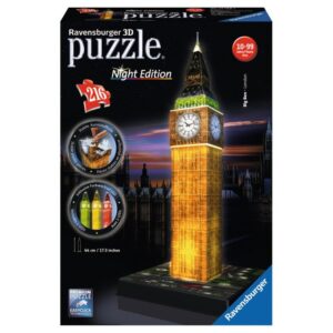Το Big Ben είναι ένα από τα πιο γνωστά ορόσημα στην Αγγλία και το μεγαλύτερο κουδούνι στο Elizabeth Tower από το παλάτι του Westminster στο Λονδίνο. Το ευχάριστο σύνολο είναι ιδιαίτερα μαγευτική στιγμή που έπεσε το σκοτάδι και τα γειτονικά σπίτια του Κοινοβουλίου είναι λουσμένο σε μια ζεστή, χρυσαφένια λάμψη - και το Μπιγκ Μπεν λάμπει πάρα πολύ σε ένα απίστευτα ατμοσφαιρικό φως. Αυτό το Night Edition Big Ben 3D παζλ χρησιμοποιεί τεχνολογία LED για να δημιουργήσει 3 διαφορετικά χρώματα εφέ φωτισμού. Το ολοκληρωμένο παζλ θα λάμπουν με πράσινο, κίτρινο ή κόκκινο φως, αλλάζει αυτόματα για να κάνουν αυτό μια αποτελεσματική και δραματική προσθήκη σε οποιοδήποτε δωμάτιο. Ο γρίφος χρησιμοποιεί το μοναδικό αρθρωτό πλαστικά κομμάτια, τα οποία υποδοχή μαζί για να χτίσουν μια εύρωστη και ισχυρή κτίριο. Δεν απαιτείται κόλλα! Το παζλ Big Ben έχει 216 υψηλής ποιότητας πλαστικά κομμάτια και μετρά 44 εκατοστών ύψος όταν ολοκληρωθεί. Κάθε κομμάτι του παζλ είναι τυπωμένο με έναν αριθμό στην πίσω πλευρά, οπότε μπορείτε είτε να συναρμολογήσετε το παζλ με το μάτι, ή απλά ακολουθώντας τους αριθμούς. Παζλ έρχεται με μια τυπωμένη πλακέτα βάσης, έτσι ώστε να μπορεί να εμφανίζεται σε ένα ράφι ή τραπέζι κορυφή. Απολαύστε ένα από τα πιο διάσημα κτίρια του κόσμου στο σπίτι σας! 3 * AAA απαιτούνται μπαταρίες, δεν συμπεριλαμβάνονται. Ηλικία: 10+